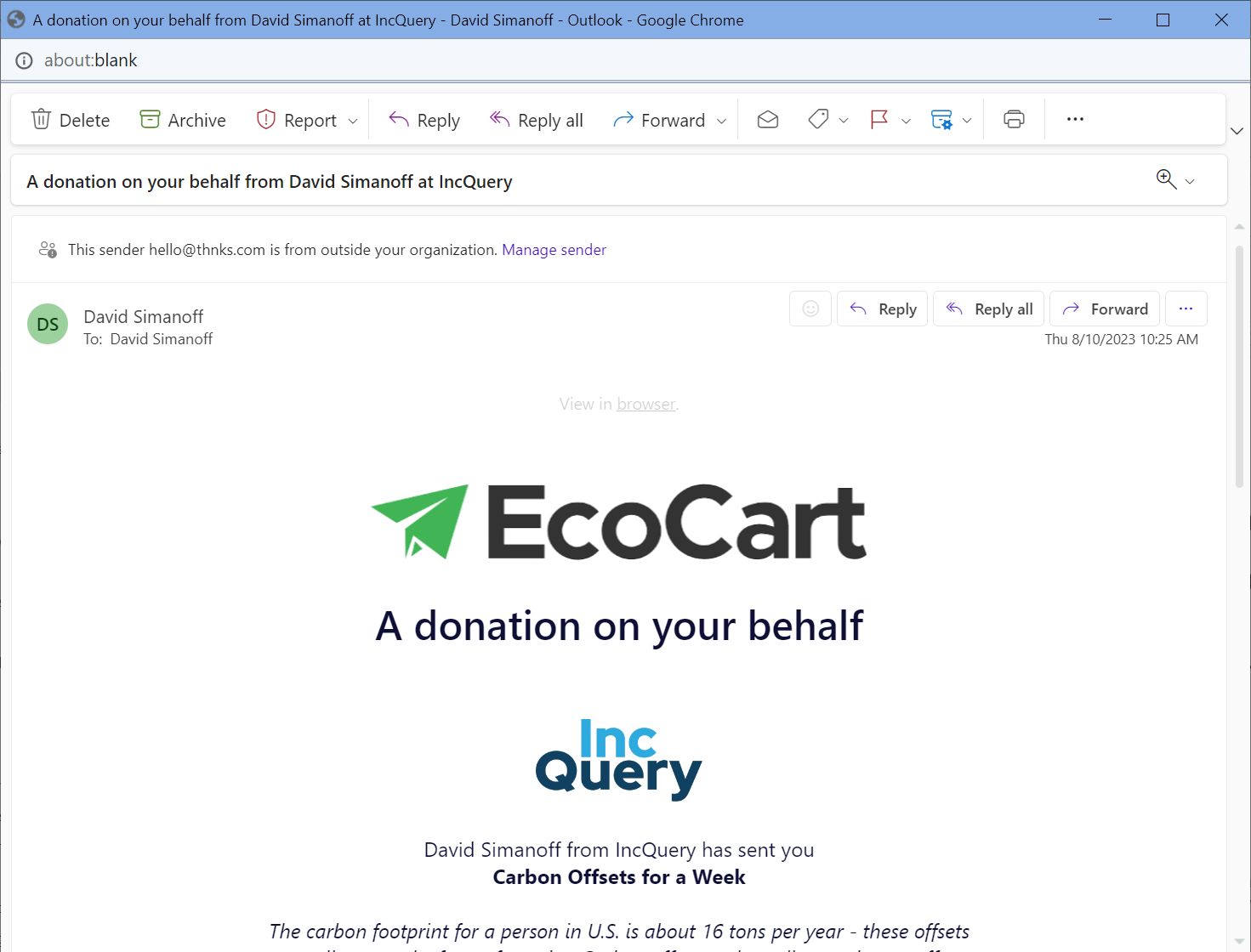Image showing what the thank you email looks like